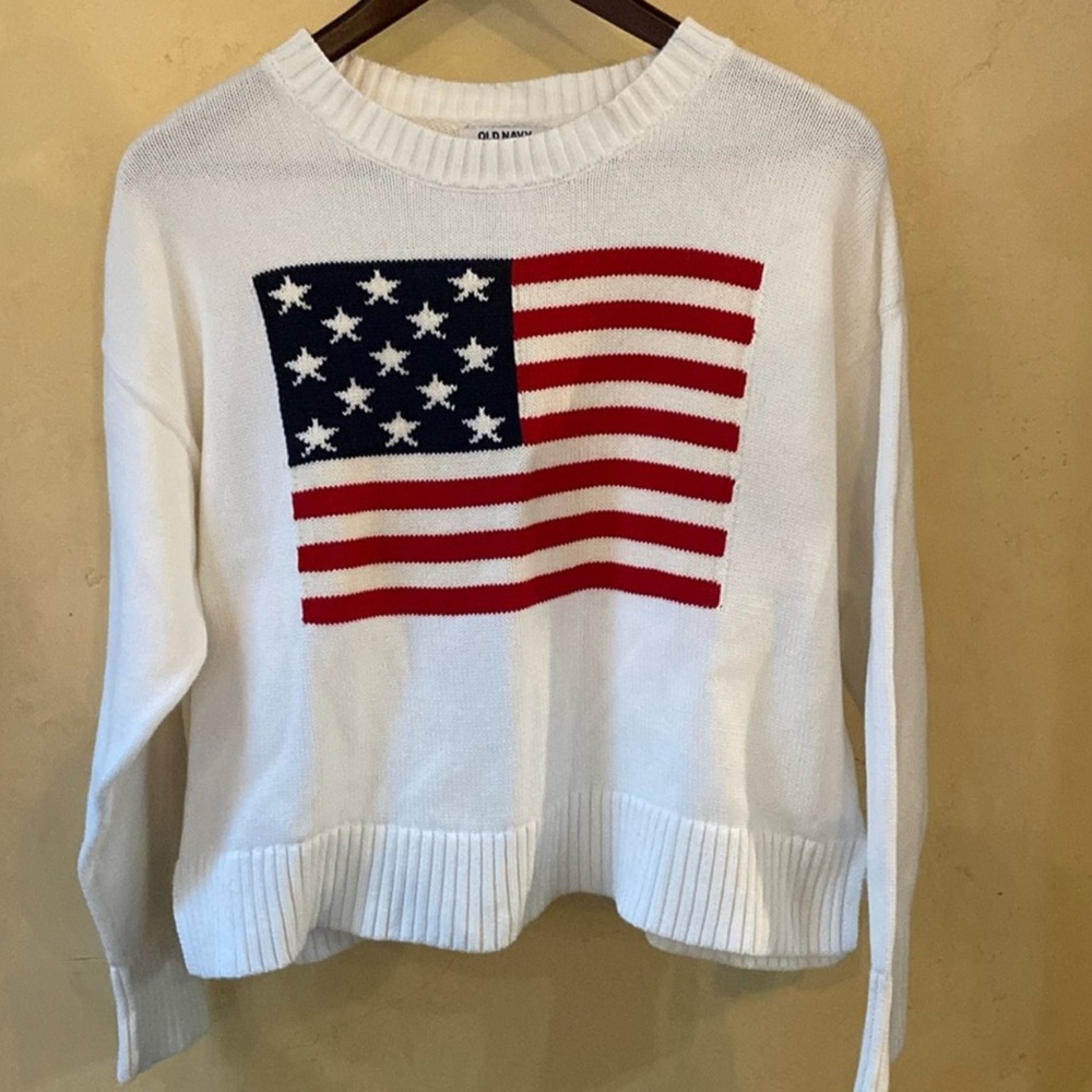 Old Navy White Crew Neck Sweater with American Flag Design